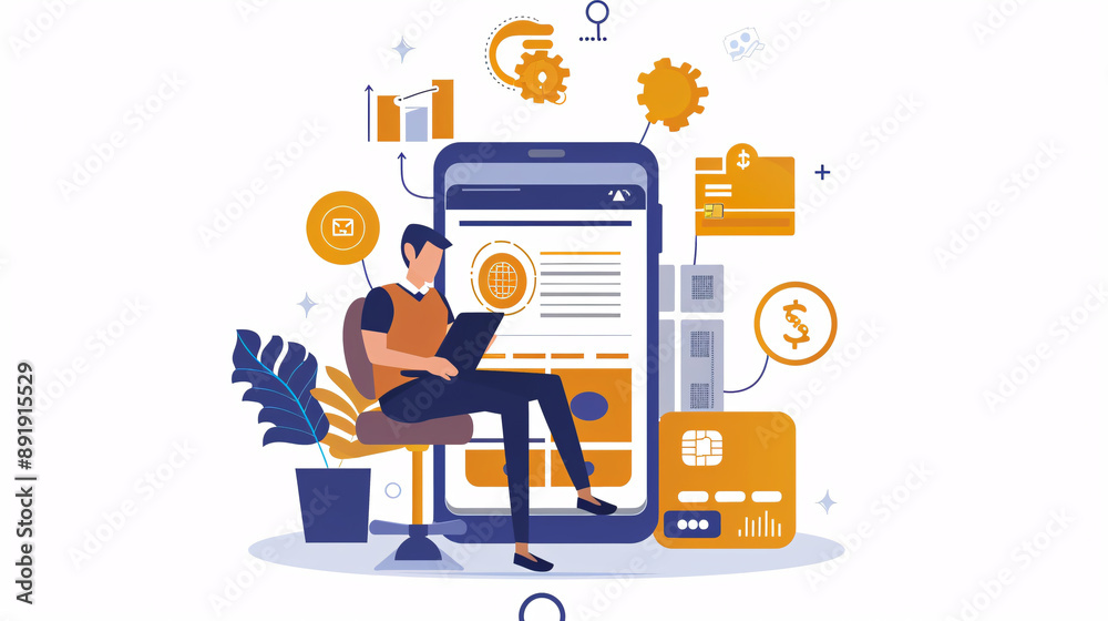 Man using a smartphone with icons representing online payment through mobile banking apps, illustrating the concept of internet banking and digital transactions. Man using a smartphone with icons representing online payment through mobile banking apps, illustrating the concept of internet banking and digital transactions.