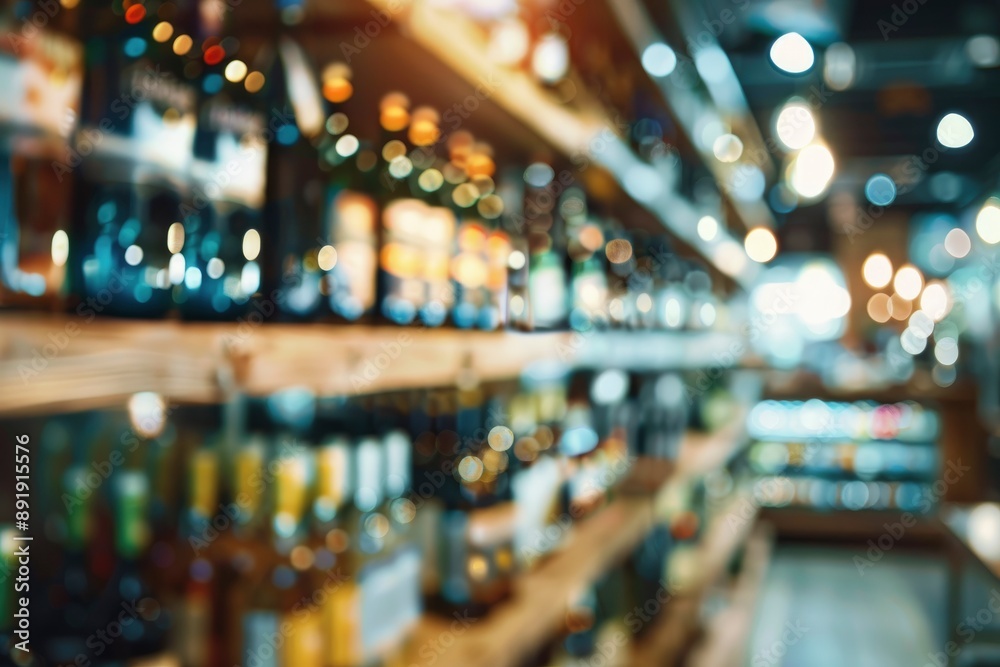 Blurred view of shelves with alcohol drinks in bar - generative ai Blurred view of shelves with alcohol drinks in bar - generative ai