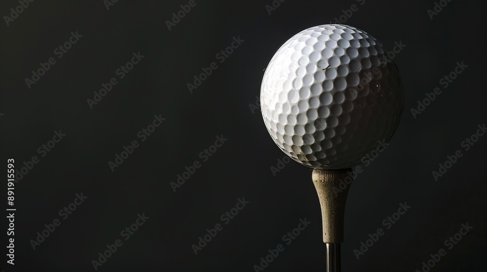 A detailed photograph showcasing the texture of a golf ball placed on a tee against a dark, minimalist background, emphasizing the sport's focus and precision. A detailed photograph showcasing the texture of a golf ball placed on a tee against a dark, minimalist background, emphasizing the sport's focus and precision.