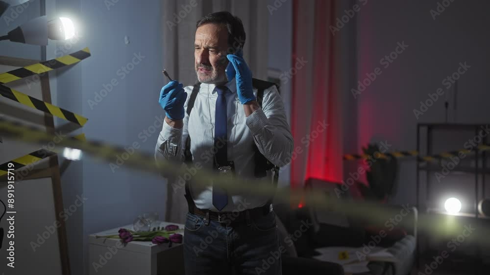 Mature man with beard in detective crime scene office using phone and holding bullet. Mature man with beard in detective crime scene office using phone and holding bullet.