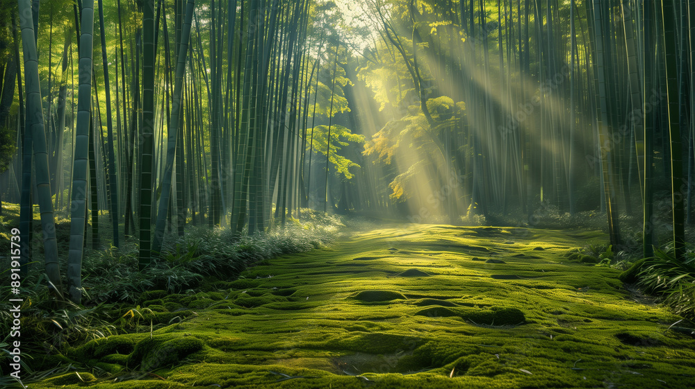 Fototapeta premium 日差しが差し込む神秘的な日本の竹林