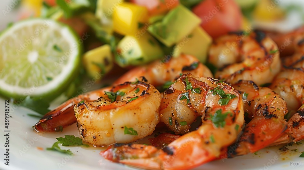 Big grilled shrimp with a zesty lime marinade, served with avocado salad Big grilled shrimp with a zesty lime marinade, served with avocado salad