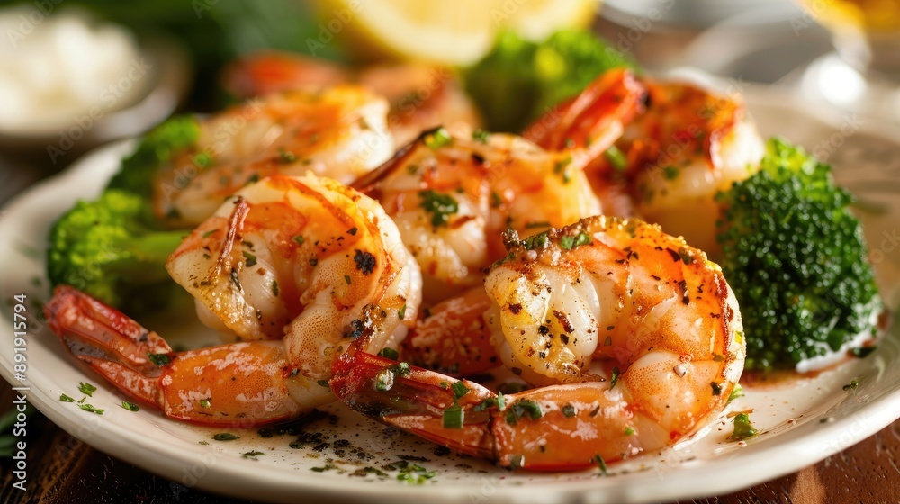 Big grilled shrimp with garlic butter, served with a side of steamed vegetables Big grilled shrimp with garlic butter, served with a side of steamed vegetables