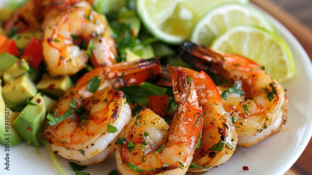 Big grilled shrimp with a zesty lime marinade, served with avocado salad Big grilled shrimp with a zesty lime marinade, served with avocado salad