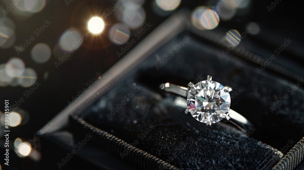Diamond ring in gift box on black background with space for text Close up shot with blurred background Diamond ring in gift box on black background with space for text Close up shot with blurred background