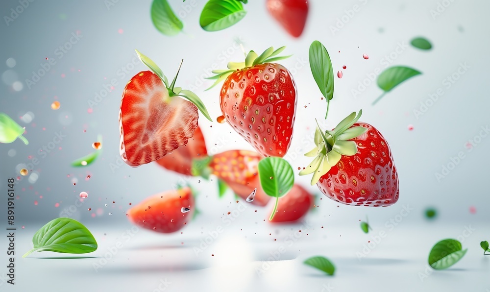 Fragole volanti con foglie su sfondo bianco. Fresche, dolci e ricche di vitamine. Fragole volanti con foglie su sfondo bianco. Fresche, dolci e ricche di vitamine.