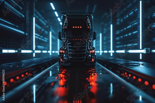 A thirdparty logistics ad displays an ultramodern, supernatural scene, with copy space, where 3PL services are managed by AIdriven platforms in a futuristic logistics environment photo