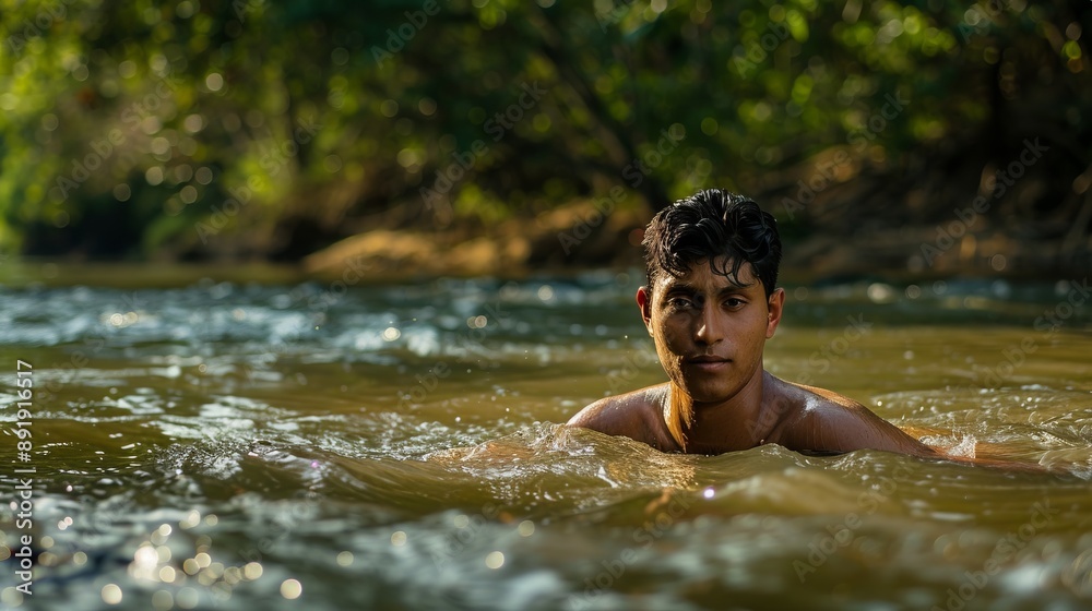 Fototapeta premium A young man enjoys a refreshing swim in a tranquil river, surrounded by lush greenery, embodying a moment of peaceful solitude and connection with nature.