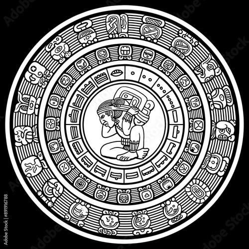 Hand drawn white on black Mayan calendar, vector illustration. cool for t-shirt, emblems, patch, sticker, etc
