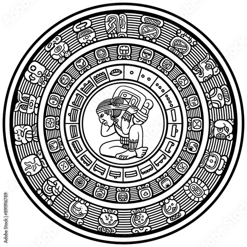Hand drawn black on white Mayan calendar, vector illustration. cool for t-shirt, emblems, patch, sticker, etc