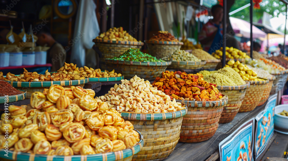 A marketplace offering a wide array of traditional snacks from various cultures and regions, showcasing diversity and culinary traditions. A marketplace offering a wide array of traditional snacks from various cultures and regions, showcasing diversity and culinary traditions.