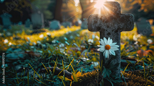 Tombstone Decorated with White Flower in the Cemetery, Memorial Tribute, Cemetery Scene, Floral Decoration, Grave Site, Respectful Remembrance, White Blossom, Peaceful Resting Place, Graveyard Tribute