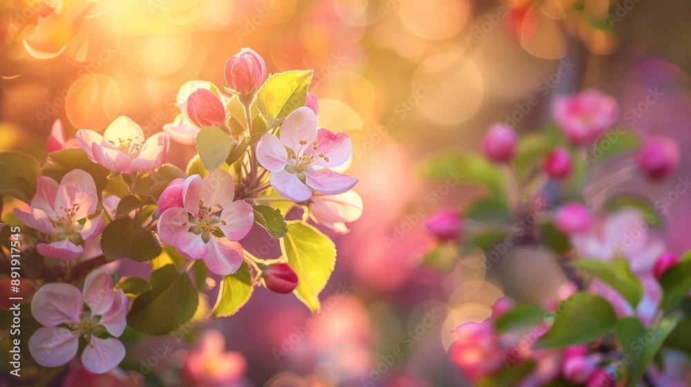 Blooming apple trees in the garden during spring sunset with blurred background Blooming apple trees in the garden during spring sunset with blurred background