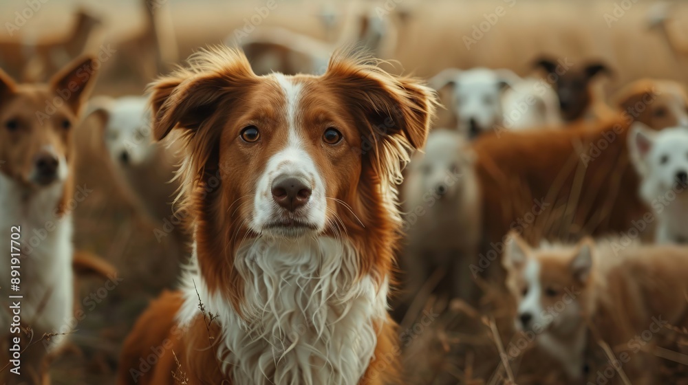 Φωτογραφία A diverse group of dogs with different coat colors and breeds are standing together in a grassy field under a sunny sky, capturing the essence of companionship and playfulness