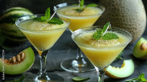 Three refreshing melon cocktails garnished with mint leaves sit elegantly in martini glasses; a summer treat set amidst melon slices and inviting ambiance.