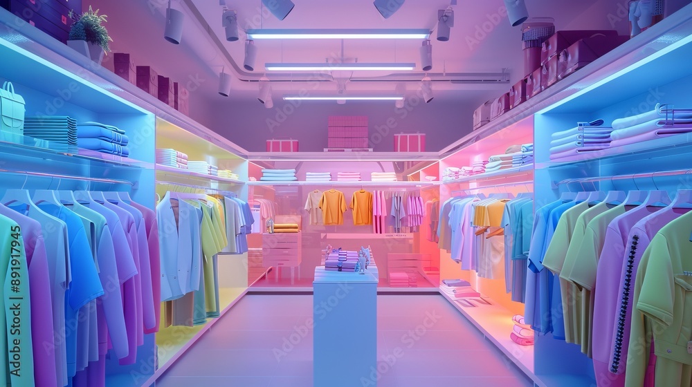 A vibrant and modern clothing store featuring a wide variety of fashionable garments, all beautifully displayed under striking neon lighting that enhances the shopping experience. A vibrant and modern clothing store featuring a wide variety of fashionable garments, all beautifully displayed under striking neon lighting that enhances the shopping experience.