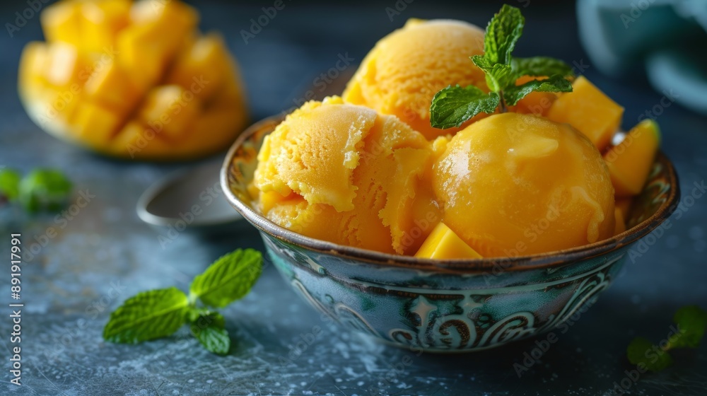 summer desserts, refreshing mango sorbet served in a vintage bowl, a delightful tropical dessert perfect for beating the summer heat summer desserts, refreshing mango sorbet served in a vintage bowl, a delightful tropical dessert perfect for beating the summer heat