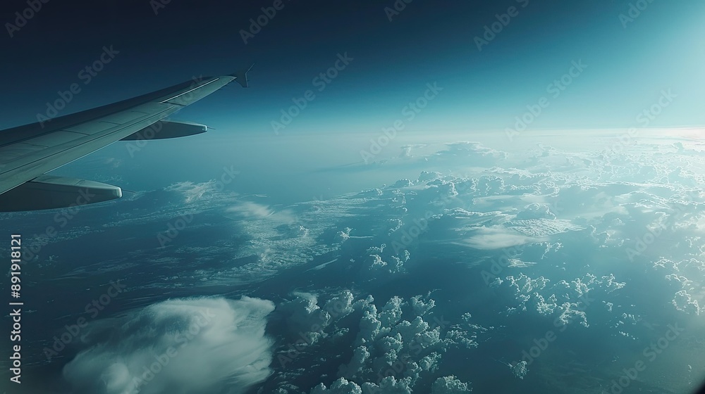 Obraz premium Aerial view from a plane window with wing, clouds, and Earth's curve visible, capturing a space-like high-altitude scene
