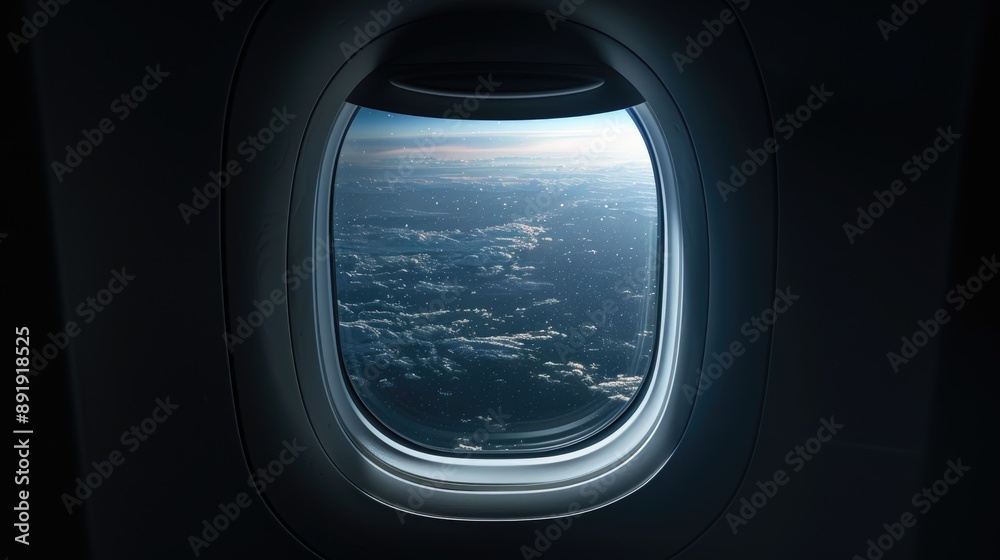 A dark airplane window revealing unknown outside view A dark airplane window revealing unknown outside view
