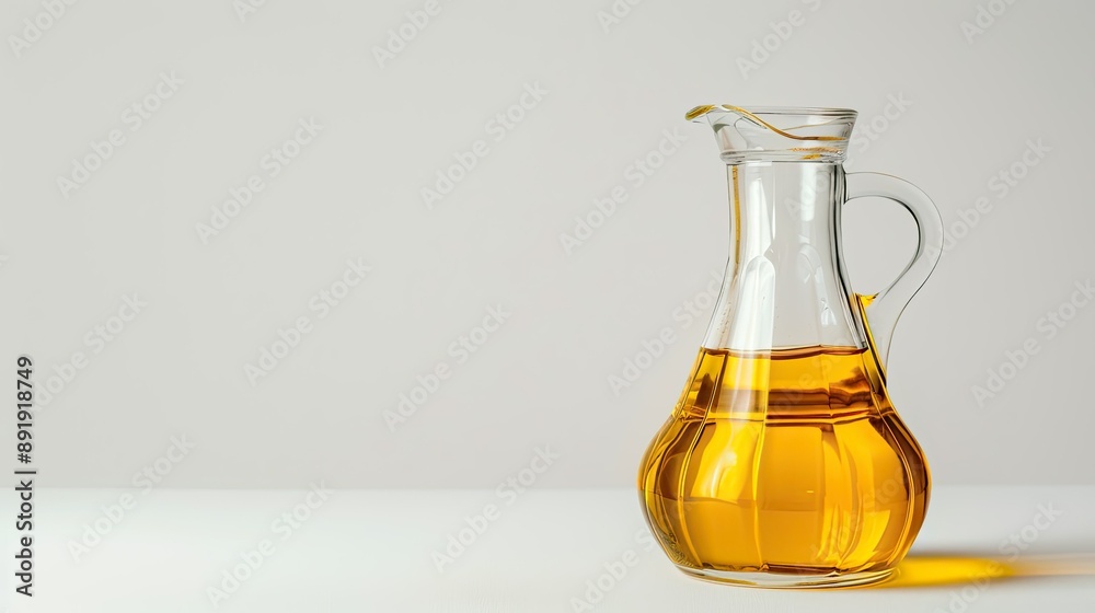 Cooking oil in a clear glass jug, isolated on a white background Cooking oil in a clear glass jug, isolated on a white background