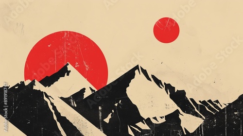 Minimalist artwork of a mountain landscape, featuring stark black peaks against a beige backdrop with a large red sun, evoking a sense of calm and solitude. photo