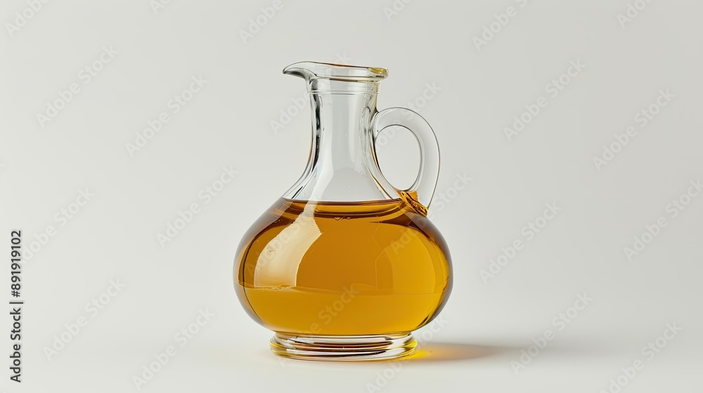 Elegant glass jug of golden cooking oil, set against a white background Elegant glass jug of golden cooking oil, set against a white background