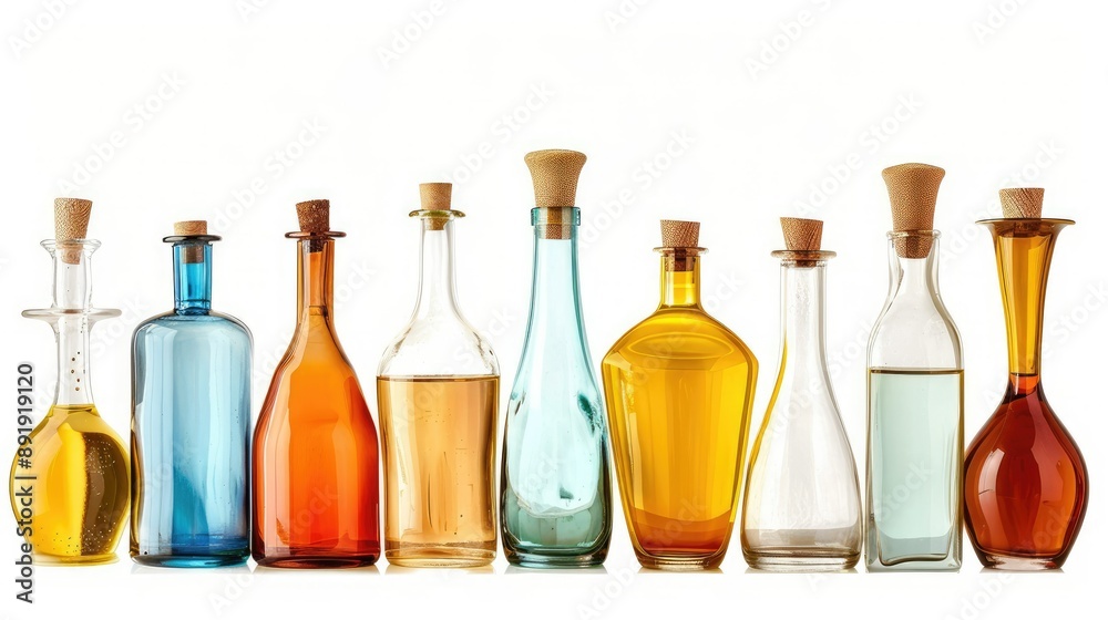 Elegant set of oil glass bottles, isolated on a white background Elegant set of oil glass bottles, isolated on a white background