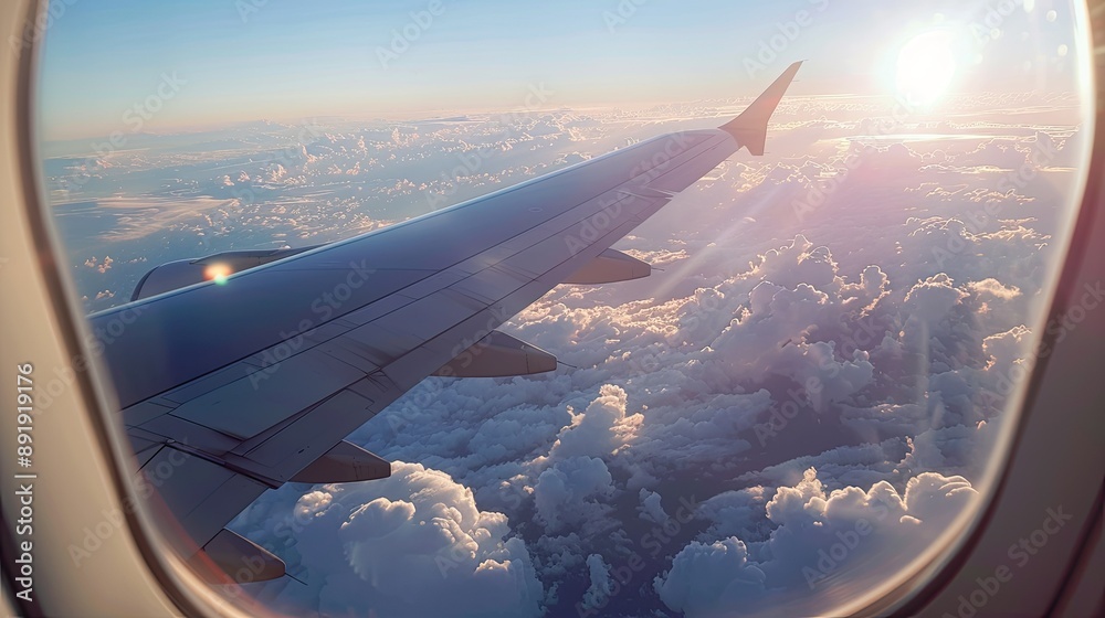 Exterior airplane window view showing wing, clouds, and the Earth's ...