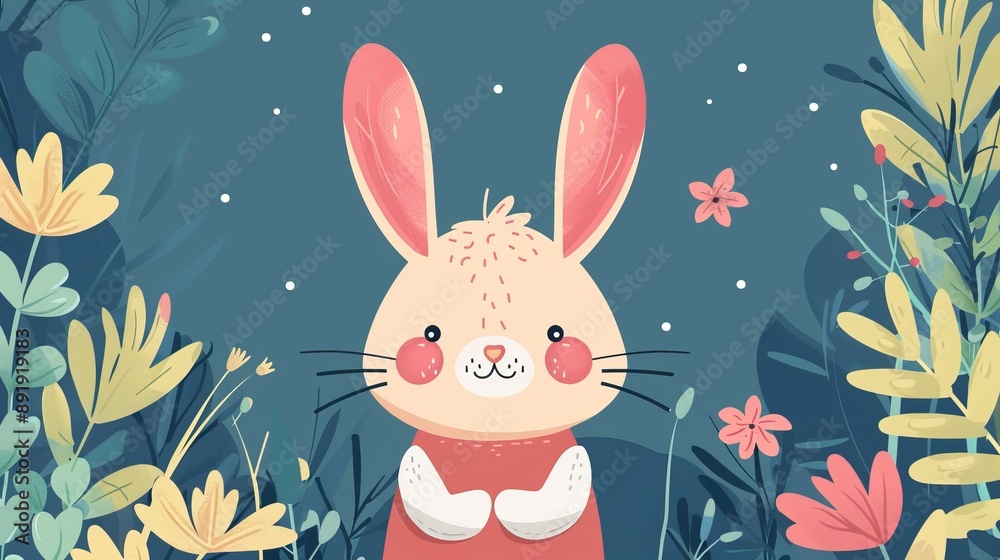 An adorable bunny with large pink ears stands amidst colorful flowers and plants, looking inquisitively with stars scattered in the night sky behind it. An adorable bunny with large pink ears stands amidst colorful flowers and plants, looking inquisitively with stars scattered in the night sky behind it.