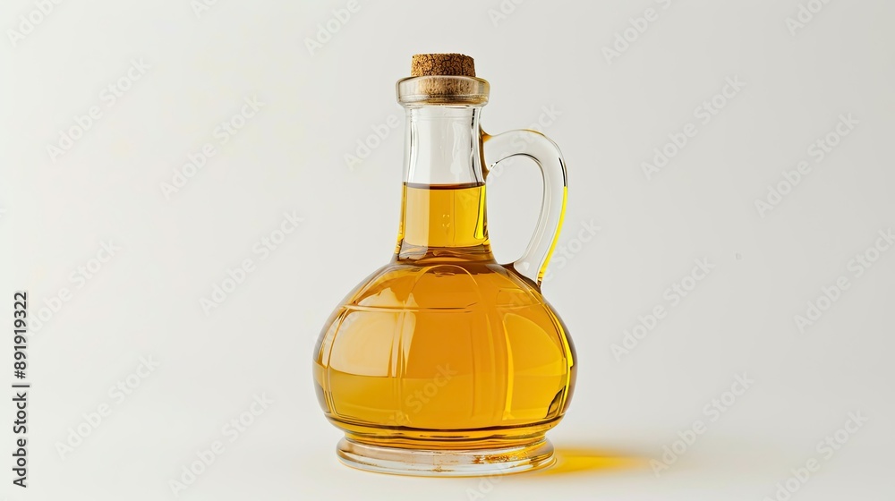 Glass jug of cooking oil, isolated on white, highlighting its purity and clarity Glass jug of cooking oil, isolated on white, highlighting its purity and clarity