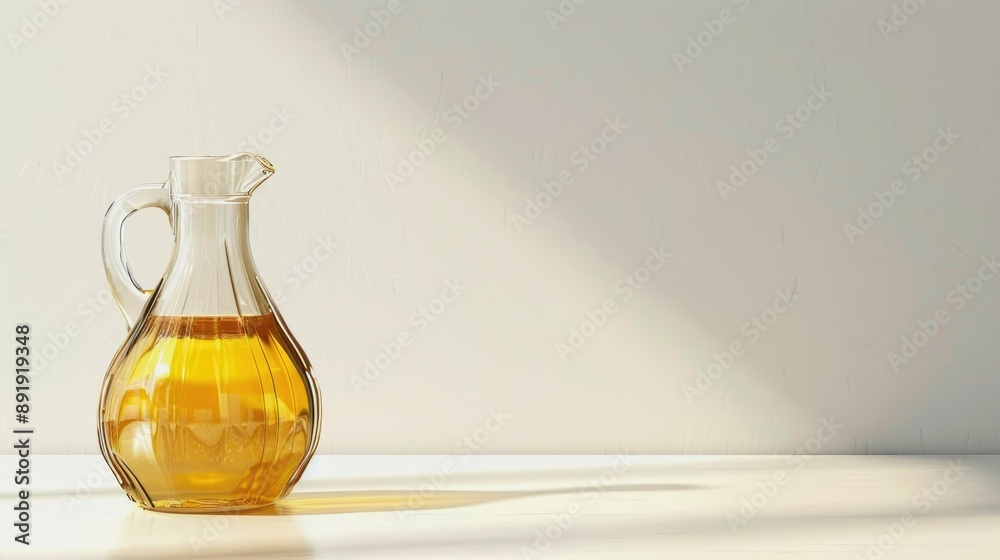 Glass jug of cooking oil, set against a white background, showcasing clarity Glass jug of cooking oil, set against a white background, showcasing clarity