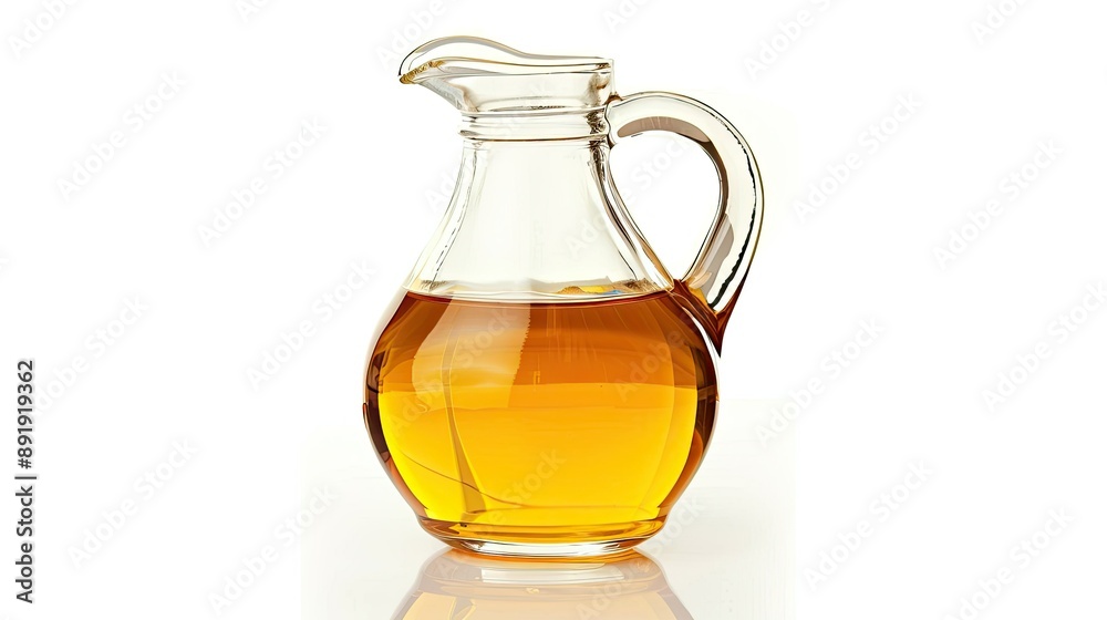 Glass jug of golden cooking oil, isolated on white, highlighting purity Glass jug of golden cooking oil, isolated on white, highlighting purity