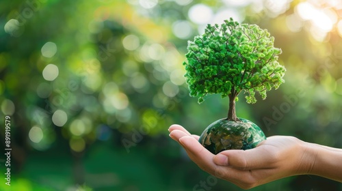 Hand holding a vibrant green Earth with a tree, showcasing net zero targets and climate change efforts for World Environment Day © chanidapa