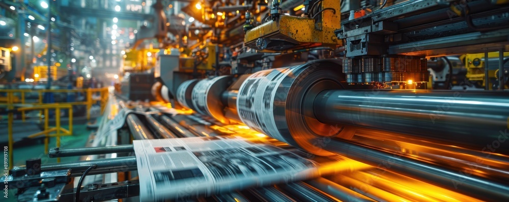 Close-up of a printing press in motion, high-speed production of newspapers, intricate machinery, efficient printing technology, industrial publishing, copy space