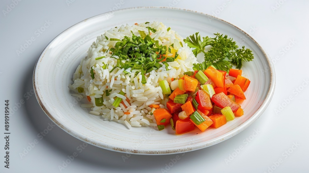 High-quality photo of Turkish-style leeks with olive oil (Zeytinyagli Pirasa) with carrots and rice, served on white High-quality photo of Turkish-style leeks with olive oil (Zeytinyagli Pirasa) with carrots and rice, served on white