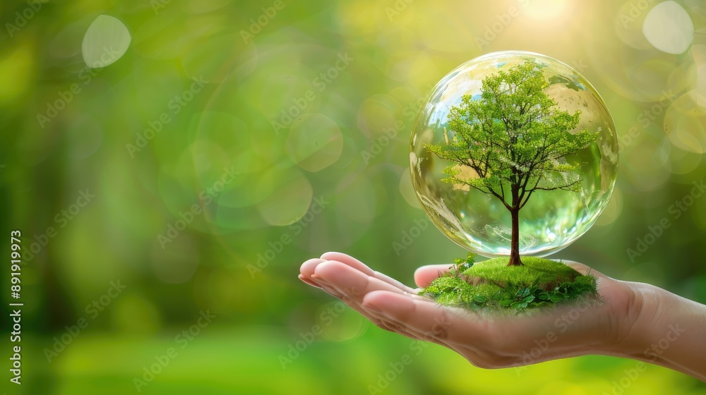 Human hand holding a green Earth with a tree, symbolizing ESG, CO2 reduction, and net zero goals for World Environment Day Human hand holding a green Earth with a tree, symbolizing ESG, CO2 reduction, and net zero goals for World Environment Day