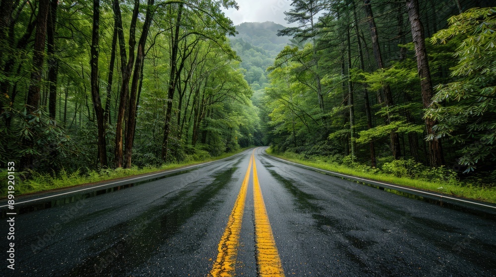 Obraz premium Long road heading into the Great Smoky Mountains National Park, Tennessee, with panoramic views of lush forests and rugged mountains