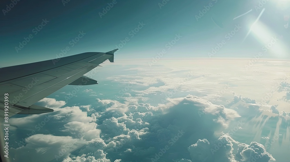Fototapeta premium Plane window shot showing a wing, clouds, and the Earth's curve, capturing a high-altitude space-like perspective