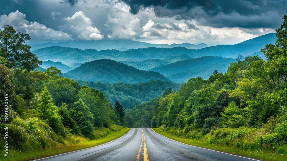 Fototapeta premium Road leading to the Great Smoky Mountains National Park, Tennessee, with a picturesque view of lush forest and rugged mountain terrain
