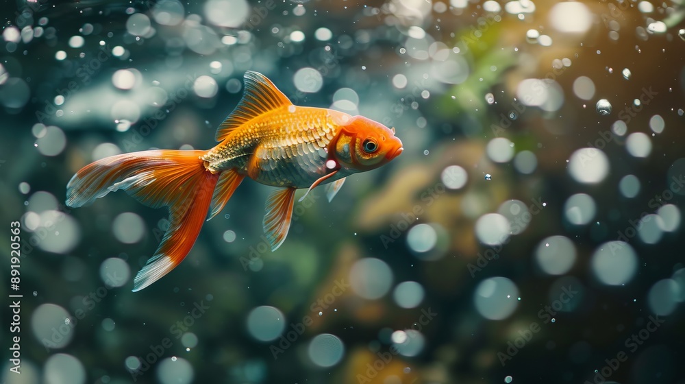 An enchanting underwater scene featuring a bright orange goldfish gracefully swimming amidst sparkling bubbles, highlighting its vivid colors and delicate fins in a tranquil setting. An enchanting underwater scene featuring a bright orange goldfish gracefully swimming amidst sparkling bubbles, highlighting its vivid colors and delicate fins in a tranquil setting.
