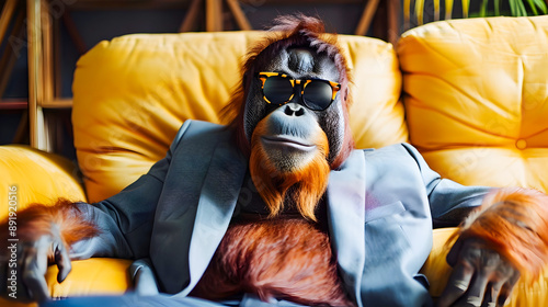 Fashionable Orangutan Wearing Suit and Sunglasses Sitting Comfortably on Plush Sofa Giving a Sophisticated and Relaxed Business Casual Vibe photo