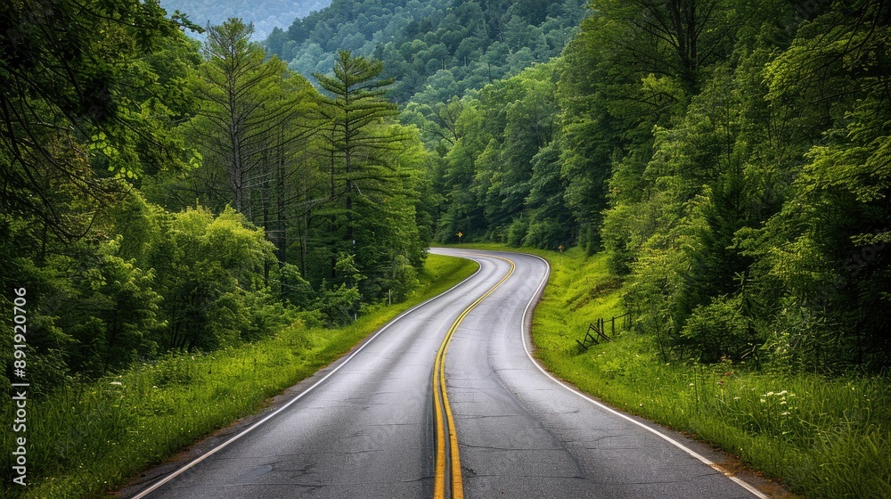 Scenic route leading to the Great Smoky Mountains National Park, Tennessee, with a long, winding road surrounded by rich greenery Scenic route leading to the Great Smoky Mountains National Park, Tennessee, with a long, winding road surrounded by rich greenery