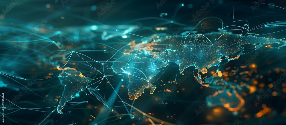 Clear, sharp depiction of an abstract global network featuring a luminous world map and dynamic data connections. Clear, sharp depiction of an abstract global network featuring a luminous world map and dynamic data connections.