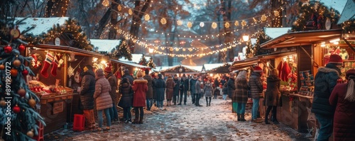 Festive Christmas market bustling with people, colorful stalls selling holiday goods, twinkling lights and decorations, joyful atmosphere, cold winter evening, copy space