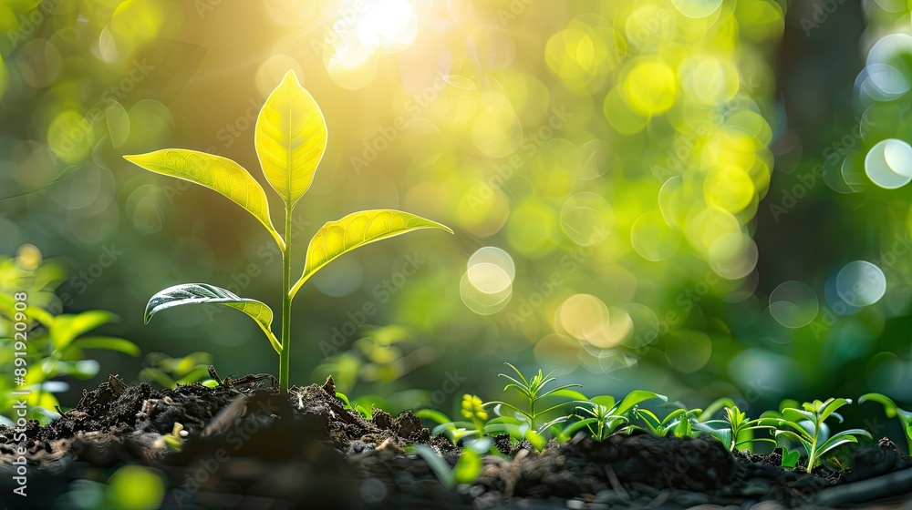 Tiny plant with healthy growth and sunlit leaves, celebrating World Earth Day and advocating for eco-friendly practices