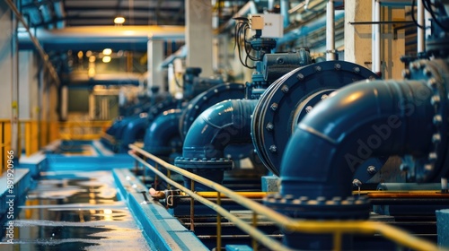 Fototapeta Naklejka Na Ścianę i Meble -  Vertical axis of large water supply pumps in front view with copy space