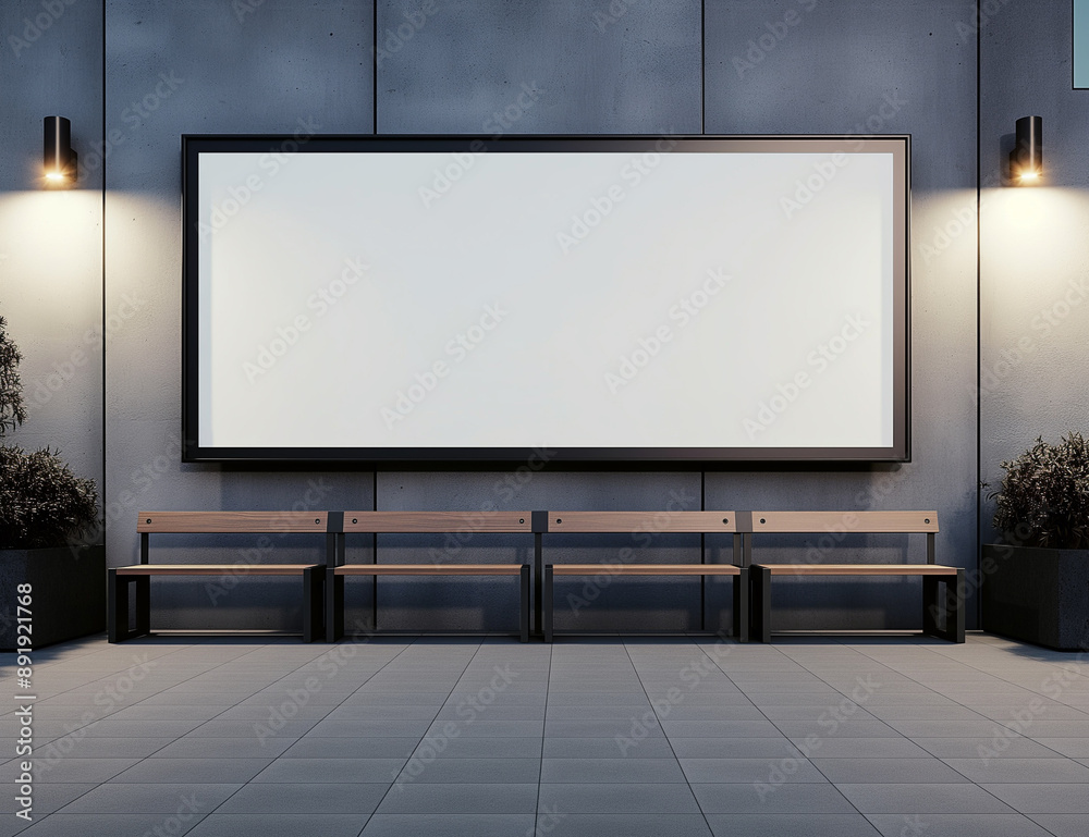 Empty white signboard mockup at a sports stadium entrance Empty white signboard mockup at a sports stadium entrance