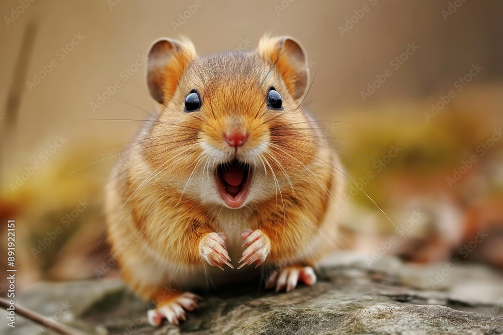 Charming hamster standing on a rock with its mouth open, exhibiting a joyful and expressive demeanor, outdoors. Charming hamster standing on a rock with its mouth open, exhibiting a joyful and expressive demeanor, outdoors.