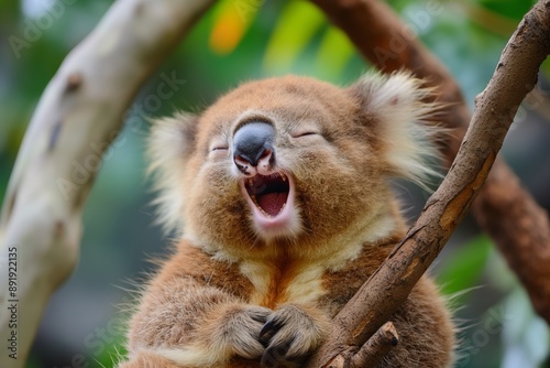 A serene koala comfortably perched on a tree branch, blending with the lush green backdrop, in a peaceful setting.