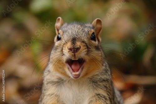 A angry squirrel, photographed in close-up, showcasing its cheerful nature with wide-open mouth, amid an outdoor setting.